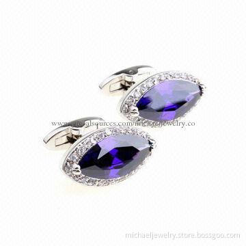 Brass cufflinks with purple CZ stone and transparent CZ stone